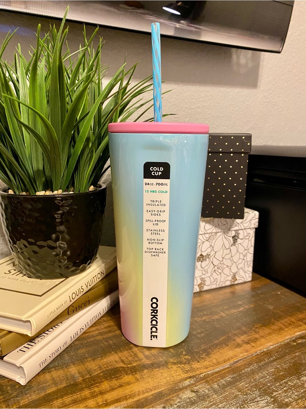Corkcicle Pastel Rainbow Cold Cup with Pink Lid